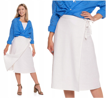 SPÓDNICA DAMSKA Trapezowa Wiązana w Pasie Lniana z Rozcięciem MORAJ