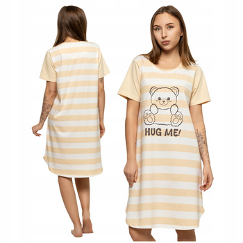 Urocza Koszula Nocna Damska Piżama z Misiem w Paski Krótki Rękaw MORAJ