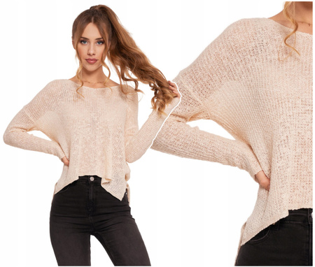 Sweter Damski Beżowy Lekki Luźny Ażurowy Przewiewny Stylowy Cienki MORAJ 