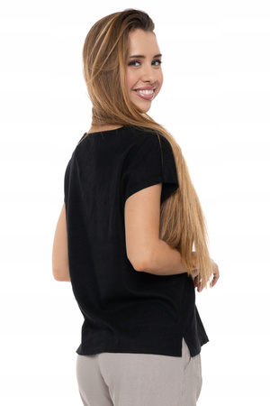 LUŹNA BLUZKA Damska Lniana Czarna Koszulka T-Shirt Przewiewna MORAJ 