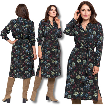 SUKIENKA DAMSKA MIDI KOSZULOWA SUKNIA Z WISKOZY W KWIATY MODNA MORAJ