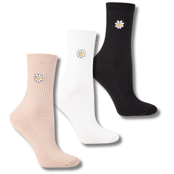 WYSOKIE SKARPETKI DAMSKIE MORAJ SKARPETY DŁUGIE Z HAFTEM KWIATY 3-PAR