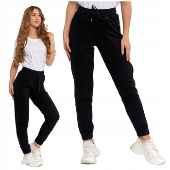 Czarne SPODNIE DAMSKIE Dresowe Gładkie z Kieszeniami i Ściągaczami MORAJ