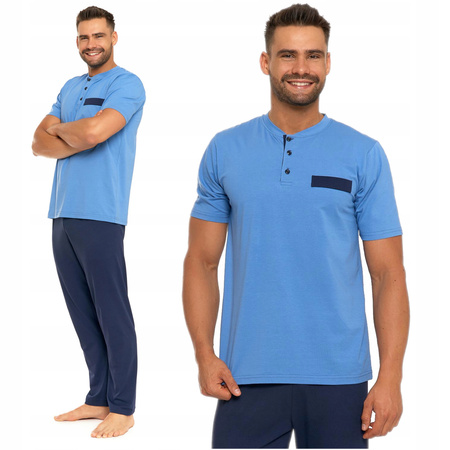 Gładka PIŻAMA MĘSKA Elegancka Krótki Rękaw Długie Spodnie Bawełna MORAJ 