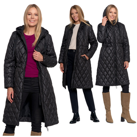 KURTKA DAMSKA DŁUGA PŁASZCZ Z KAPTUREM PIKOWANY NA JESIEŃ MODNY MORAJ