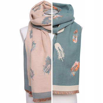 Elegancki Szal Damski Modny Dwustronny z Piórkami Dwa Kolory Duży MORAJ