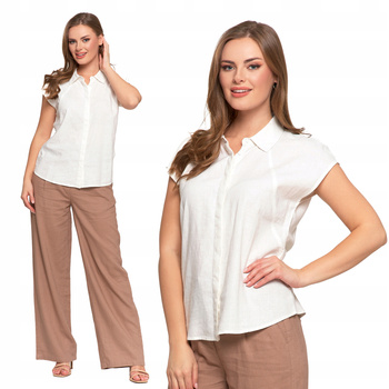 Bluzka Damska Rozpinana Koszula z Krótkim Rękawem Biała Lniana MORAJ