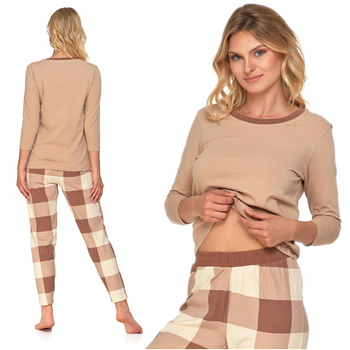 Piżama Damska Beżowa Spodnie w Kratę Rękaw 3/4 Bawełniana Wygodna MORAJ