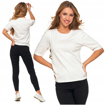 Biała Bluzka Damska Sweterkowa Okrągły Dekolt Wiskoza Modny MORAJ