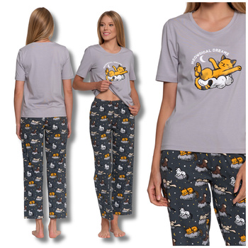 PIŻAMA DAMSKA Z KOTKAMI DWUCZĘŚCIOWA NADRUK KOTA WYGODNA KOLOROWA MORAJ