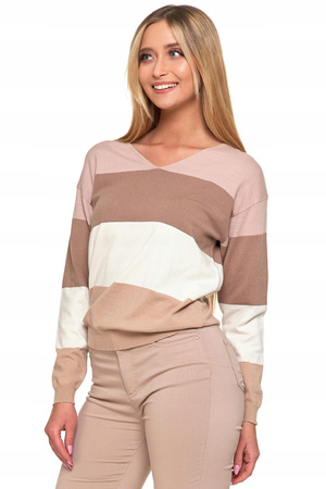 Sweter Damski w Paski Luźny Dekolt w Serek Stylowy Modny MORAJ 