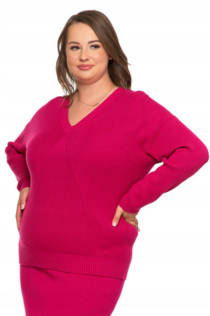 Elegancki SWETER Damski Dekolt V Fuksja Klasyczny Modny Wygodny MORAJ 