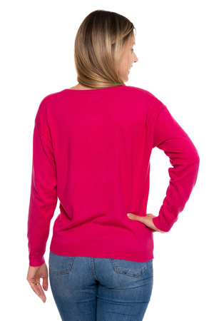 Sweter Damski Różowy Luźny Dekolt w Serek Stylowy Modny Elegancki MORAJ 
