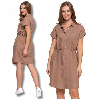 SUKIENKA DAMSKA Lniana Szmizjerka Elegancka Do Kolan Rozpinana Beż MORAJ