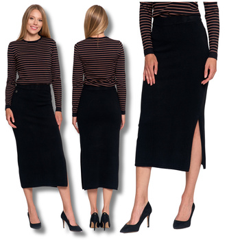 OŁÓWKOWA SPÓDNICA DAMSKA MIDI Z ROZCIĘCIEM PRĄŻKOWANA DRESOWA MORAJ