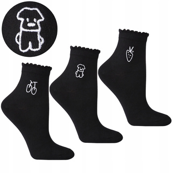 Skarpetki Damskie MORAJ Skarpety Za Kostkę z Haftem Czarne 3-PARY