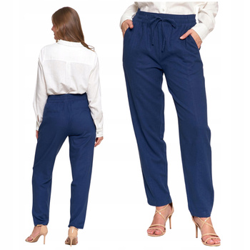Eleganckie Spodnie Lniane Damskie Gumka w Pasie Prosta Nogawka MORAJ