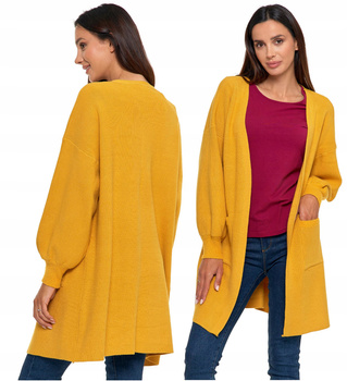 DŁUGI SWETER DAMSKI Wygodny Kardigan z Kieszeniami Luźne Rękawy MORAJ