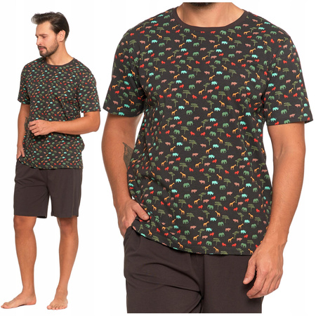 PIŻAMA MĘSKA T-Shirt z Krótkim Rękawem Safari Gładkie Spodenki MORAJ 