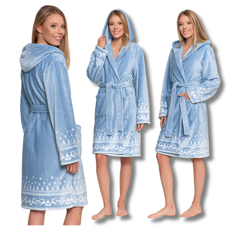 CIEPŁY SZLAFROK DAMSKI NA PREZENT WIĄZANY Z KAPTUREM PUSZYSTY MORAJ