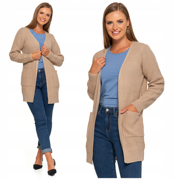 Kardigan Damski Długi Ciepły Sweter Narzutka z Kieszeniami Beż MORAJ