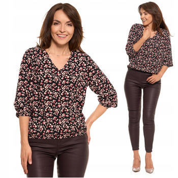 Bluzka Damska Elegancka w Kwiatki Modna Rękawy Ze Ściągaczem MORAJ