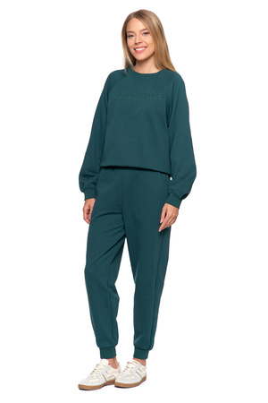 DRES DAMSKI SPODNIE KLASYCZNE WYSOKI STAN OCIEPLANA BLUZA Z HAFTEM MORAJ 