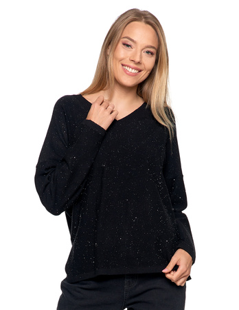ELEGANCKI SWETER DAMSKI Z WISKOZY LUŹNY KRÓJ Z CEKINAMI MORAJ