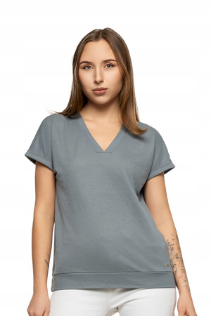 Bluzka Damska Luźna Koszulka Gładka T-Shirt Dekolt V Krótki Rękaw MORAJ 