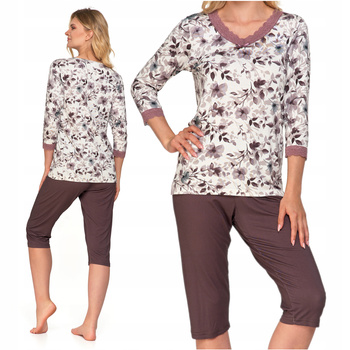 Piżama Damska Delikatna Koronka Kwiaty Wiskoza 3/4 Rękaw Spodnie MORAJ S