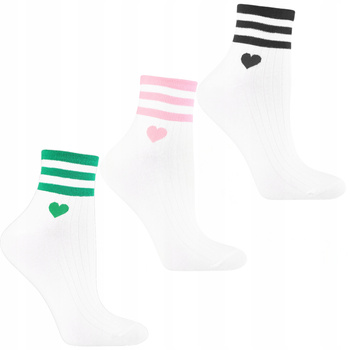 Białe Skarpetki Damskie z Paskami Klasyczne Skarpety Serca MORAJ 3PAR