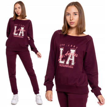 BLUZA Damska Dresowa MORAJ Klasyczny Krój Bordowa z Nadrukiem Modna