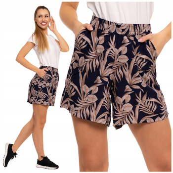 Modne Szorty KRÓTKIE SPODENKI Damskie MORAJ Gumka w Pasie Roślinny Wzór
