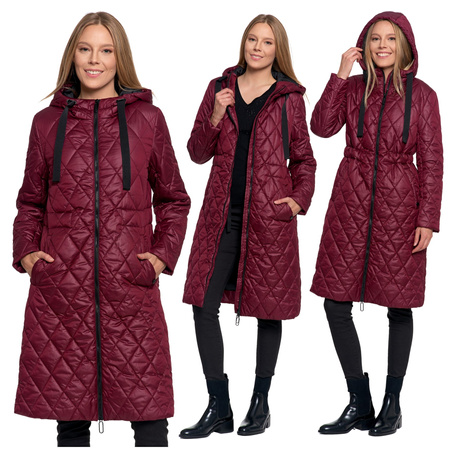 KURTKA DAMSKA DŁUGA PŁASZCZ Z KAPTUREM PIKOWANY NA JESIEŃ MODNY MORAJ