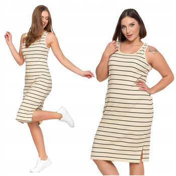 Sukienka Damska Prążkowana z Rozcięciami Prosta w Paski Na Lato MORAJ