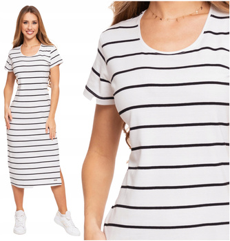 SUKIENKA DAMSKA Tuba z Rozcięciem Na Lato Krótki Rękaw w Paski MORAJ