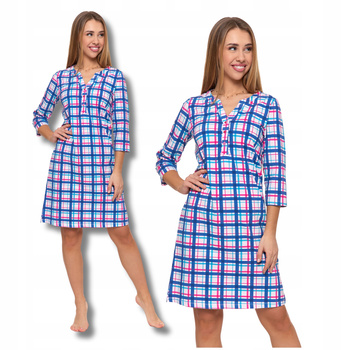 Koszula Nocna Damska Piżama w Kratkę 3/4 Rękaw Elegancka MORAJ