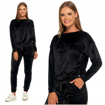 Welurowa BLUZA DAMSKA Czarna Bez Kaptura z Haftem Elegancka MORAJ