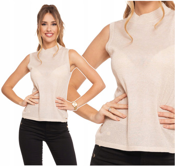 MODNA BLUZKA DAMSKA TOP SWETERKOWY STÓJKA BEZ RĘKAWKÓW ZŁOTA NIĆ MORAJ