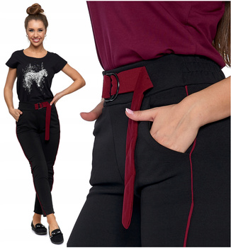 SPODNIE DAMSKIE z Ozdobnym Bordowym Paskiem Czarne Modne MORAJ