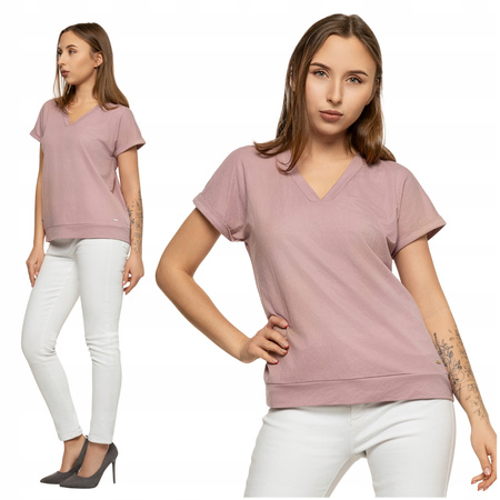 Bluzka Damska Luźna Koszulka Gładka T-Shirt Dekolt V Krótki Rękaw MORAJ 