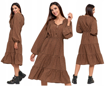 Sukienka Damska Midi Długi Rękaw Zwiewna Modna Elegancka Falbany MORAJ