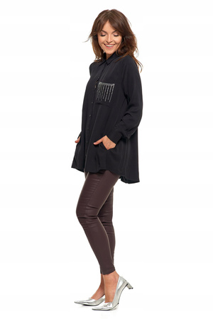 ELEGANCKA KOSZULA DAMSKA ZE ZDOBIENIAMI CZARNA MODNA OVERSIZE MORAJ 