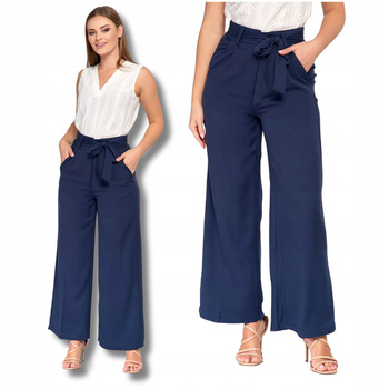 Eleganckie SPODNIE DAMSKIE Szerokie Gładkie Wysoki Stan Modne MORAJ