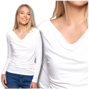 ELEGANCKA BLUZKA DAMSKA Z DEKOLTEM W ŁÓDKĘ MODNA GŁADKA KOSZULKA MORAJ