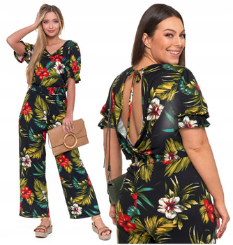 Kombinezon Damski Letni Długie Szerokie Spodnie Dekolt V w Kwiaty MORAJ