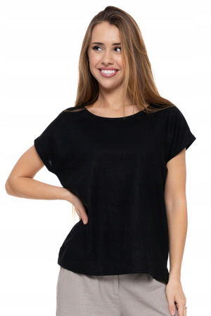 LUŹNA BLUZKA Damska Lniana Czarna Koszulka T-Shirt Przewiewna MORAJ 