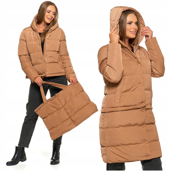 Długa Kurtka Damska Płaszcz 2w1 Odpinana Puchowa Ciepła Stylowa MORAJ