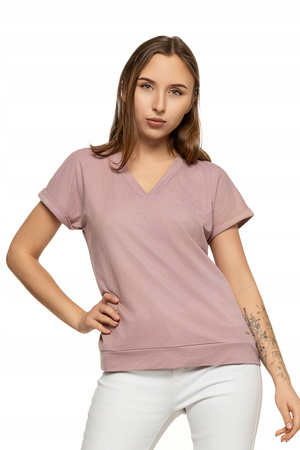 Bluzka Damska Luźna Koszulka Gładka T-Shirt Dekolt V Krótki Rękaw MORAJ 