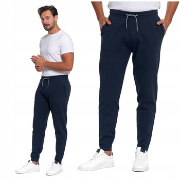 DRESOWE SPODNIE MĘSKIE Klasyczne Gładkie Granatowe z Kieszeniami MORAJ